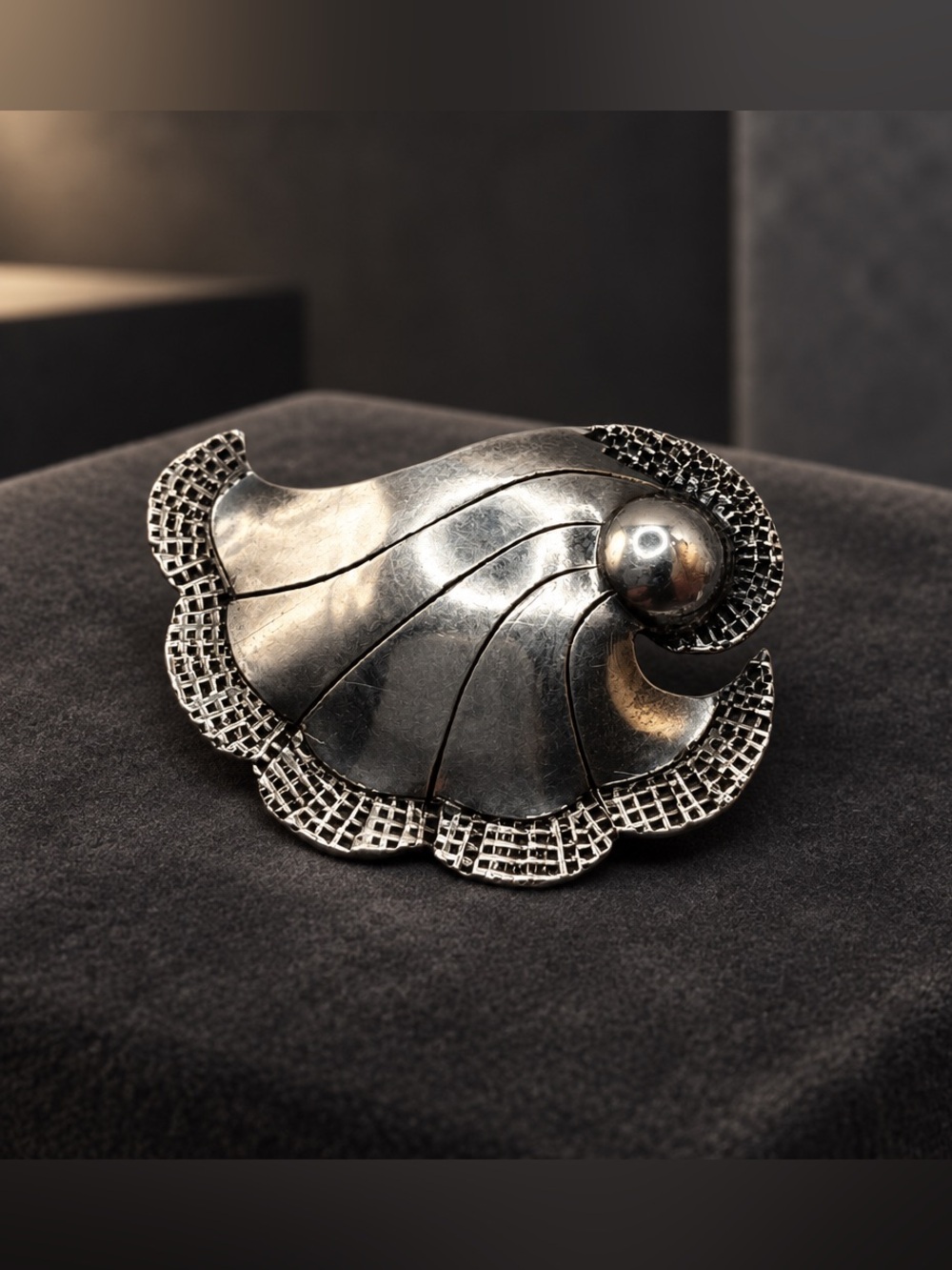 Vintage Sterling Silver Swirl Shell Brooch signed Heisig